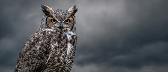 Obraz premium Portrait of a majestic Great Horned Owl with an intense gaze against a dark, stormy sky