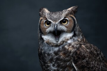 Captivating close-up of a majestic Great Horned Owl, beak open in a hoot, against a dark background, showcasing its intense yellow eyes and powerful wild beauty