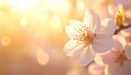 Delicate White Cherry Blossom Flower Illuminated by Golden Sunlight and Bokeh Effects in a Soft Focus Garden Setting