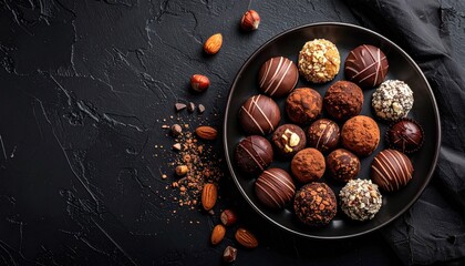 Delicious Chocolate Truffles and Nuts on a Black Textured Surface with Soft Ambient Lighting