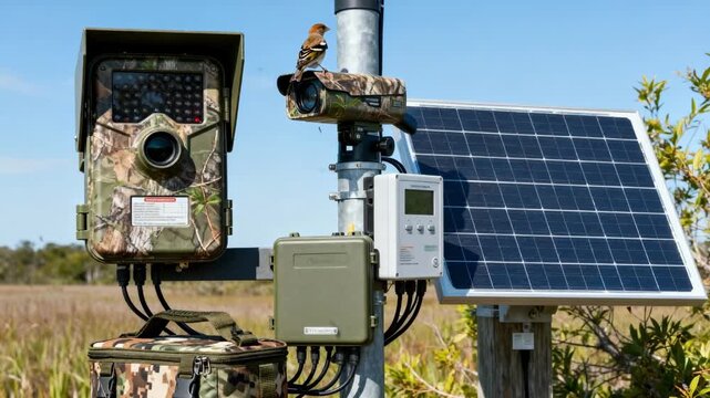 Medium shot capturing the setup of an advanced bird monitoring station in a natural habitat focusing on hightech cameras and sensors to track bird activity.