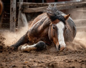 Brown horse rolling in dirt kicking up dust with mane flying