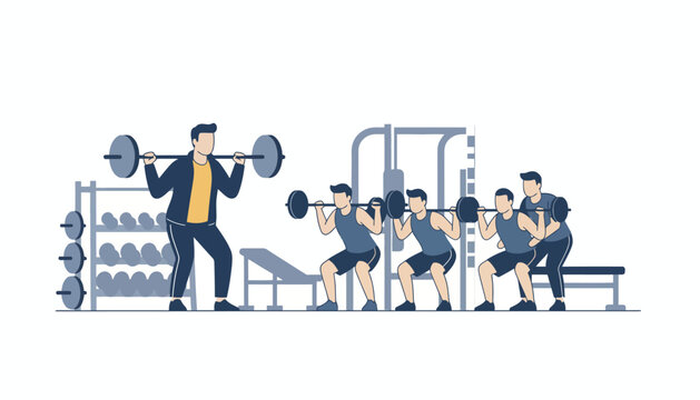 A coach demonstrates proper form while a group of players practices weightlifting in a wellequipped gym focusing on technique and safety.