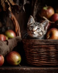 Curious tabby kitten peeking from a wicker basket amidst a harvest of fresh red apples and dried autumn leaves in a rustic setting