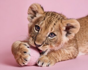 Adorable little lion cub gnawing on a soft pink ball in a studio setting