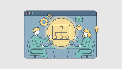 An illustration of an online mentorship platform with a mentor and mentee engaging in a virtual meeting about job strategies and advice.