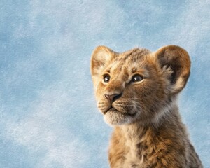 Portrait of a curious young lion cub with a hopeful gaze looking up towards the future