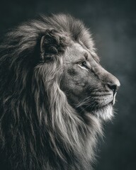 Captivating Close-Up of a Noble Lion's Head and Majestic Mane in a Striking Monochrome Portrait