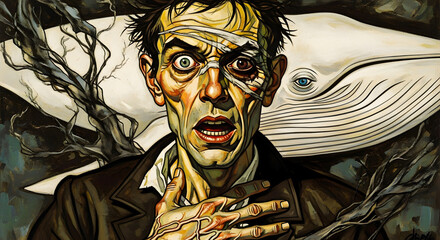 Surreal Portrait of a Man with Wide Eyes and a White Whale in the Background, Illustrating a Psychological Thriller or Mystery