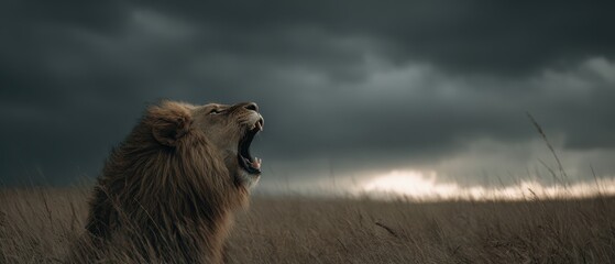 Untamed spirit a majestic male lion roars powerfully across the vast savanna, his fierce call echoing beneath a dramatic, stormy sky