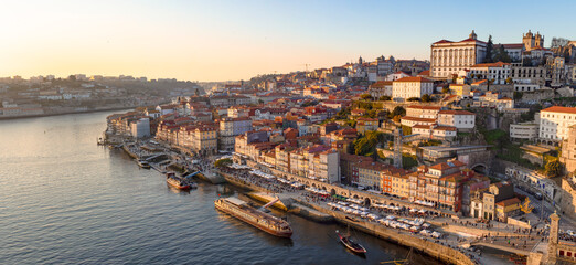 Sunset View of Ribeira District and Douro River in Porto, Portugal