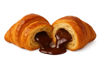 Croissant cut in half with chocolate filling oozing out