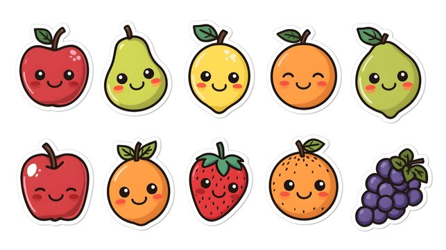 Vibrant and cheerful cartoon fruit stickers with happy faces: apples, pears, lemons, oranges, strawberry, and grapes