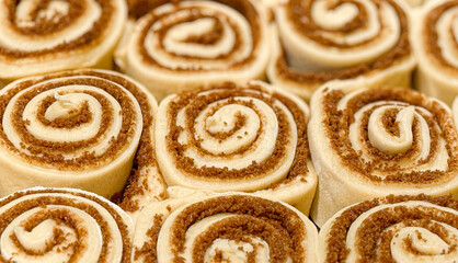 A Tray Filled with Unbaked Raw Cinnamon Rolls Ready to be Baked in the Oven