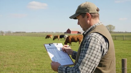Medium shot showing a farm manager reviewing a detailed breeding schedule clipboard planning optimal bull mating for genetic advancement.