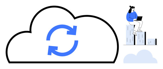 Large cloud with sync arrows, woman sitting on data columns using a laptop, smaller cloud. Ideal for cloud computing, data backup, networking, digital workflow, remote work, analytics simple flat