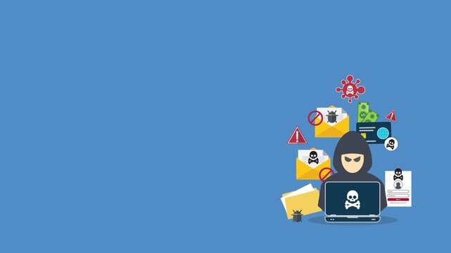 Hacker with laptop computer stealing confidential data, personal information and credit card detail. Hacking concept.