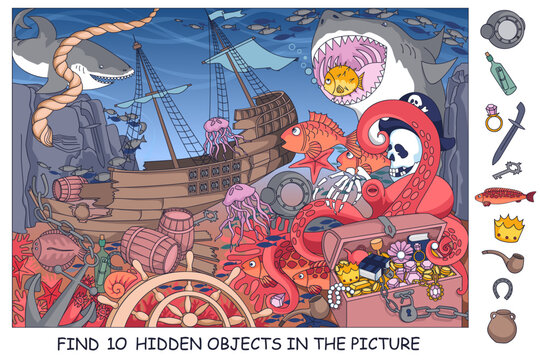 Find hidden objects. Underwater world with wreckage of a sunken pirate ship in the sea. Ocean world with sharks, anchor, octopus, fish, diving helmet and treasure. Hand drawn vector illustration.