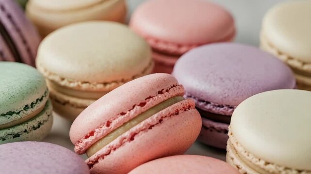 Close up assortment of colorful macarons in various flavors