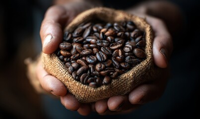 Hands Holding Roasted Coffee Beans in Burlap Bag