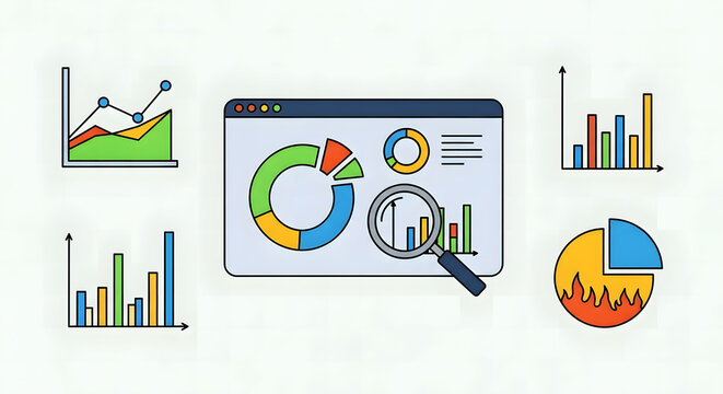 Data analytics business intelligence dashboard vector illustration charts graphs performance metrics visualization reporting technology colorful modern