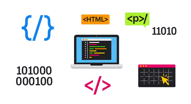 Web development programming coding vector illustration laptop HTML binary code software engineering technology flat design colorful modern - Powered by Adobe