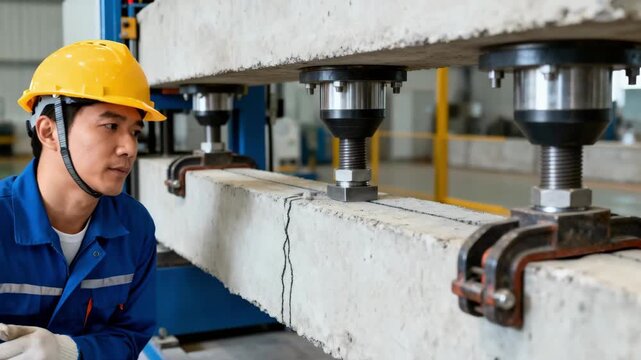 Engineer inspects tensile strength testing machine applying force to reinforced concrete beam under controlled conditions.