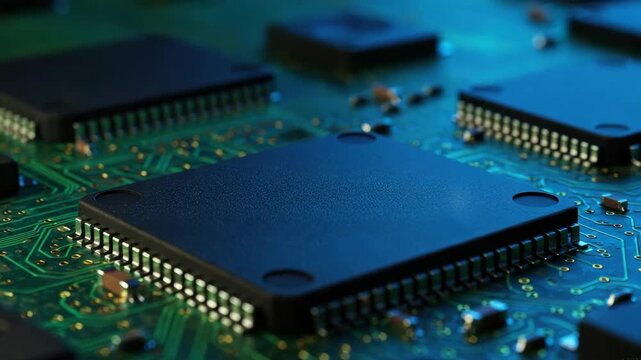 Close up of a computer circuit board with processors