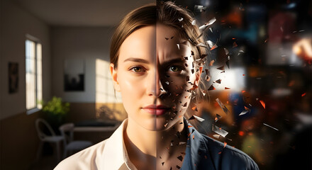 Split portrait showing two sides of same person — calm and chaotic — ADHD duality concept, artistic lighting