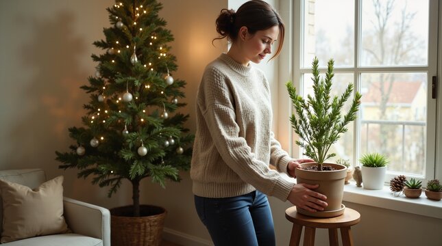 Hispanic young woman arranging a potted plant in a cozy living room decorated for the holidays, natural textures and soft light, holiday spirit and home decor concept. - Powered by Adobe