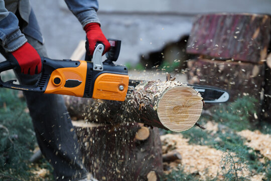 A man cutting fallen tree with an electric chainsaw