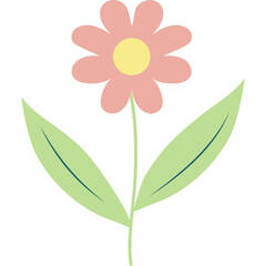 Simple Illustration of a Pink Daisy Flower with Yellow Center and Green Leaves on a Transparent Background