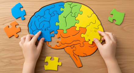 Child&rsquo;s hands placing puzzle pieces into brain shape made of bright colors, symbol of ADHD and development