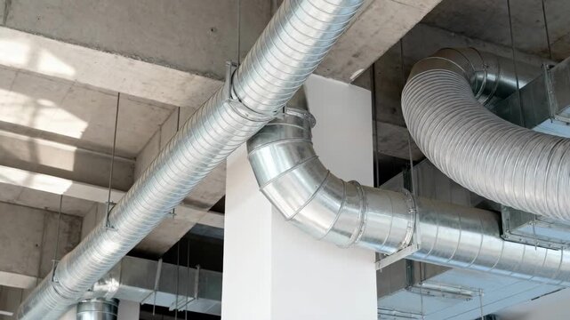 Medium shot capturing flexible HVAC ductwork installation highlighting bendable tubes adapting to complex architectural layouts