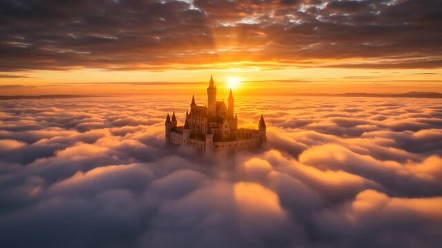 Fantasy castle disappearing into clouds at sunset. Majestic architecture in dramatic sky. Magical kingdom concept, digital footage.