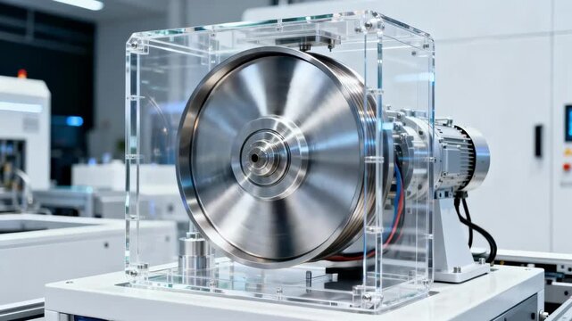 Closeup medium shot of a rotating flywheel inside a transparent casing highlighting the mechanical energy storage process amid hightech equipment.