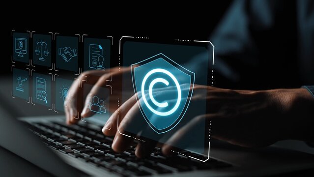 Digital copyright protection system showing secure ownership, intellectual property rights, content verification, and legal warning icons for creators and publishers Marrow