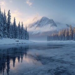 Fototapeta premium Tranquil winter landscape with mountain pines and reflections