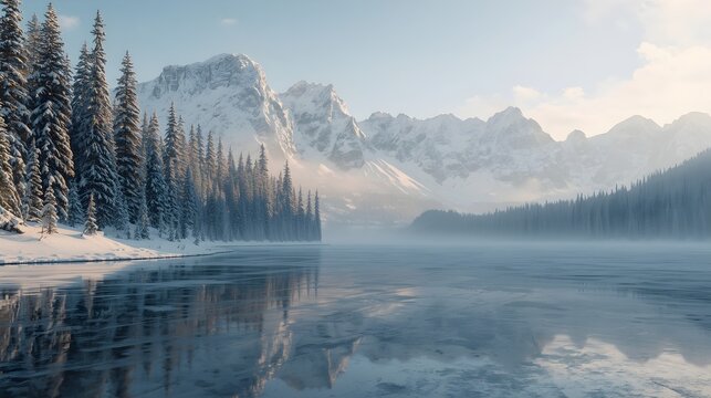 Snow covered mountain with pines reflecting on a frozen lake