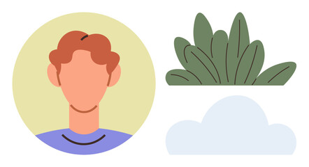Simplified headshot of a person with red hair, next to green leaves and a white cloud. Ideal for themes of nature, identity, simplicity, mindfulness, connection, environment, unity as a simple flat