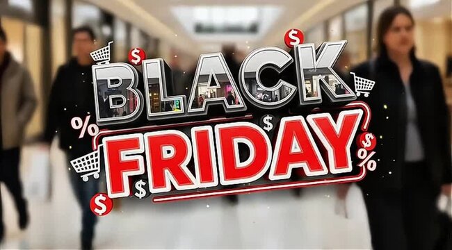 A Black Friday sale advertisement is set in a bustling shopping mall with blurred people, creating a sense of excitement and urgency for shoppers to grab deals.