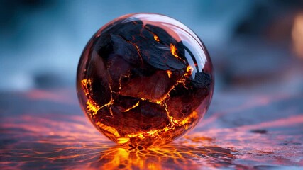Abstract glass sphere with internal glowing molten lava cracks radiating heat and light on a reflective surface, dynamic energy orb - Powered by Adobe