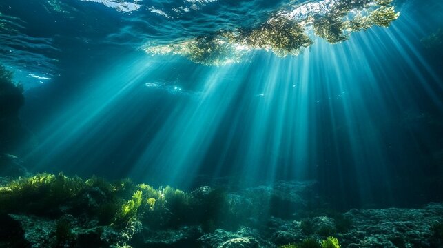 Stunning underwater light rays illuminating a vibrant coral reef and seaweed on the ocean floor