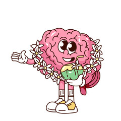Smiling brain character with flower garland and coconut drink, relaxing and waving hand. Cute groovy cartoon doodle style. Outline vector illustration for sticker, summer, travel, or fun design.