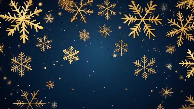 An elegant, seamless loop of golden snowflakes falling on a dark blue background. This beautiful, festive animation is perfect for Christmas, holidays, or luxury greetings.