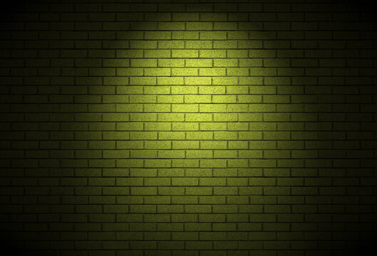 Night time brick wall background dark alley texture. Dramatic vibe with pink spotlight on empty building real backdrop. Bricks constructed in running bond pattern.