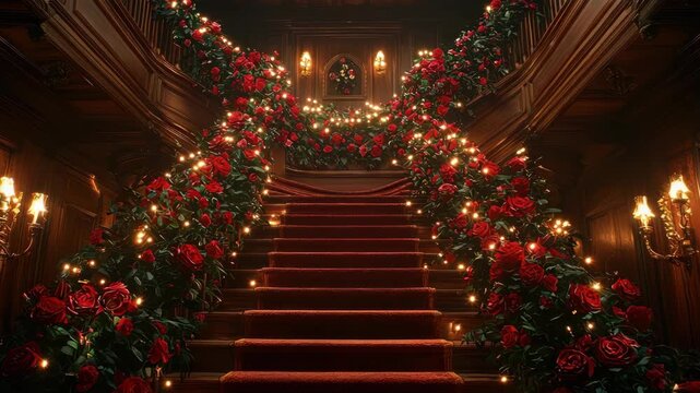 Elegant staircase adorned with red roses and warm lighting
