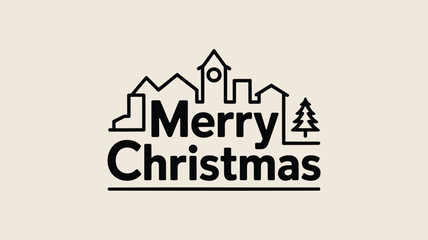 Simple black line art merry christmas text overlayed on a stylized townscape and pine tree