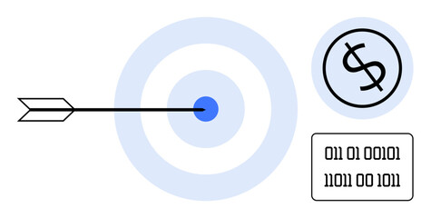 Arrow piercing center of target, dollar sign in circle, binary numbers. Ideal for strategy, finance, goals, focus, accuracy, success digital economy simple flat metaphor