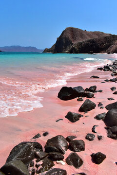 Pink beach with clear turquoise water, black boulders, near Komodo Island, Indonesia